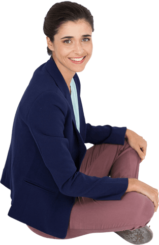Transparent High Angle of Smiling Businesswoman Sitting Casually