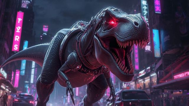 Bionic tyrannosaurus rex roaming futuristic neon street