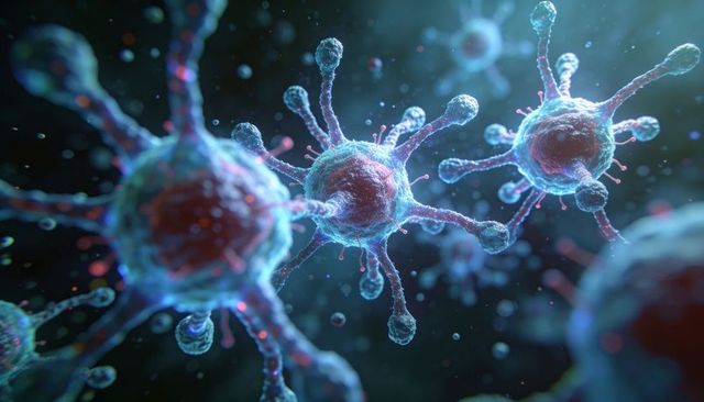 3d render virus particle with spiky envelope and red core, microscopic visualization