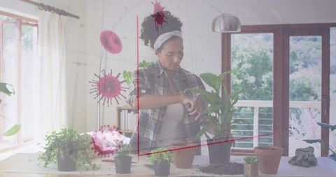 Gardener tending indoor plants with health awareness overlay