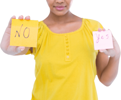 Transparent midsection showing decision signs with post-its