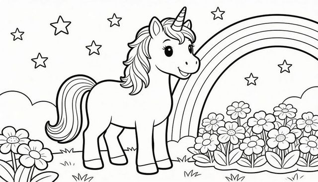 Smiling unicorn prancing in flower meadow with rainbow and stars coloring page for kids