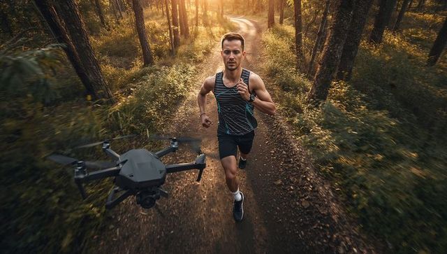 Trail runner being filmed by drone during golden hour on forest path