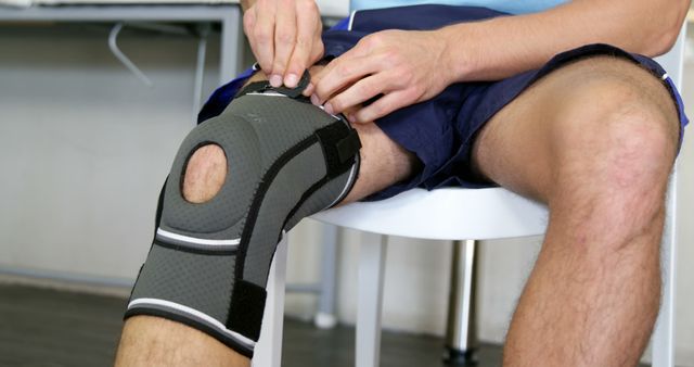 An individual is sitting on a chair and adjusting a knee brace, highlighting the process of injury recovery and the use of supportive medical devices. Useful for illustrating concepts related to health care, rehabilitation, physiotherapy, and orthopedic supports. A good fit for health and wellness publications, medical blogs, and sports injury prevention materials.