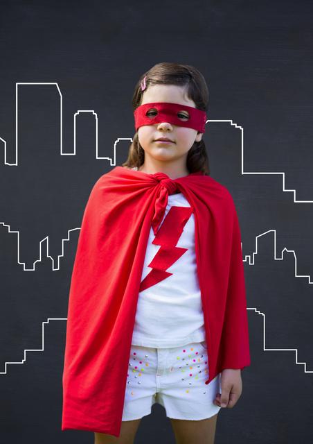 This image shows a young girl dressed as a superhero, wearing a red cape and eye mask, standing confidently against a cityscape background. Ideal for use in themes related to childhood imagination, empowerment, creativity, and fun. Perfect for educational materials, children's books, superhero-themed events, and promotional content for kids' products.