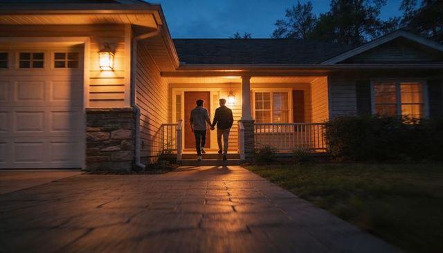 Couple walking hand in hand toward warmly lit suburban porch at dusk, cozy evening return