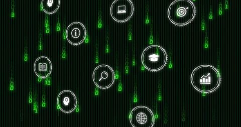 Neon binary rain with floating ui icons, data streams, analytics and tech interface