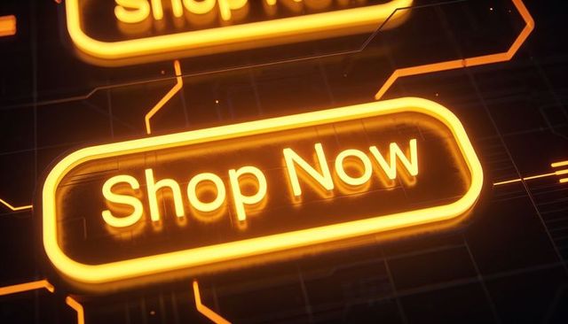 Futuristic glowing shop now neon cta on dark tech grid with amber circuit traces and glow