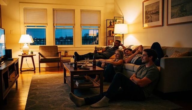 Friends relaxing in cozy living room at twilight watching tv and sharing drinks