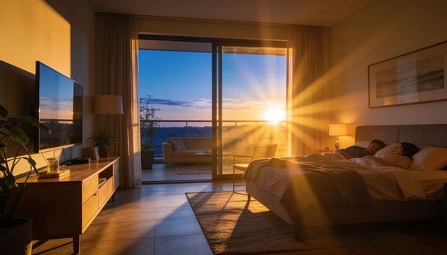 Couple reclining in bed, sunset sunlight streaming through balcony into modern cozy minimalist bedro