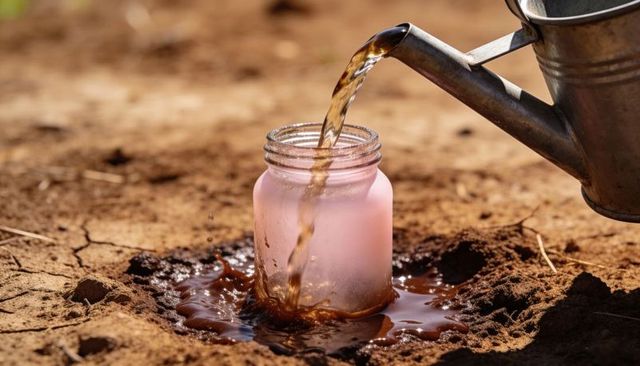 Watering can pouring muddy water into pink-frosted jar on cracked dry soil sunlit closeup
