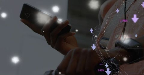 Closeup black woman holding smartphone and smartwatch with data overlay and connectivity