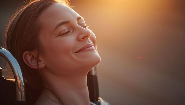 Young woman smiling with closed eyes during golden hour sunlight serene portrait