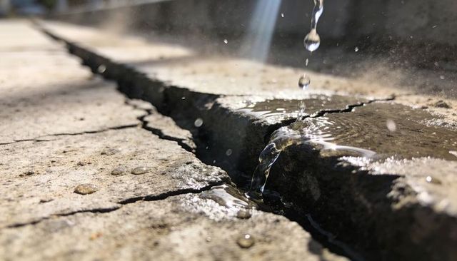 Macro dripping water on cracked concrete slab creating ripples and sunlit splashes