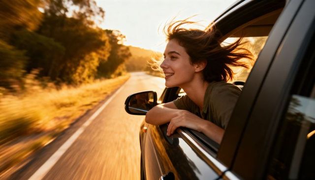 Young woman leaning out car window enjoying sunset road trip windblown hair golden hour