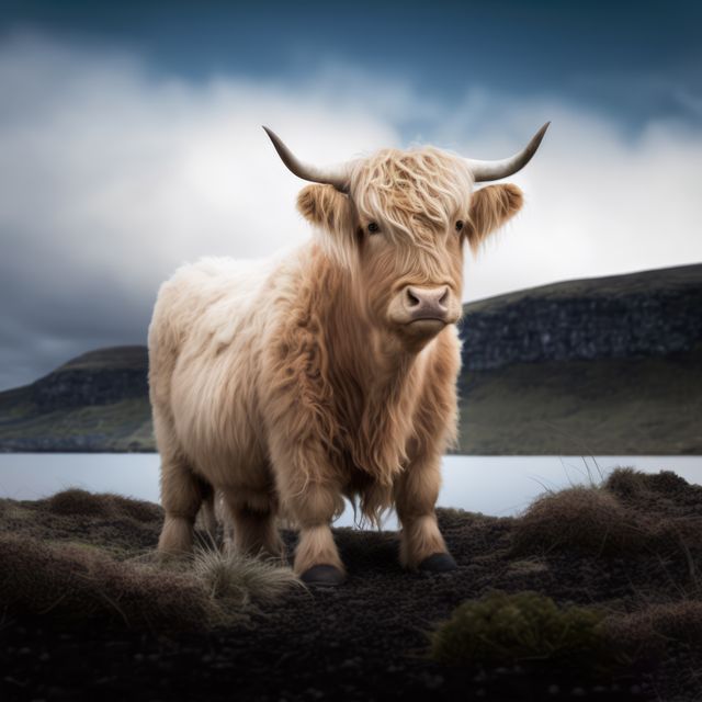 Highland Cow Standing Near Pristine Lake with Green Hills - Download Free Stock Images Pikwizard.com