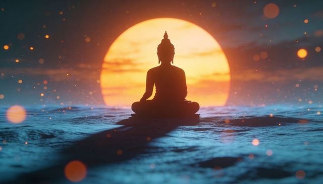 Buddha silhouette meditating at sunset on rippling shoreline with oversized glowing sun