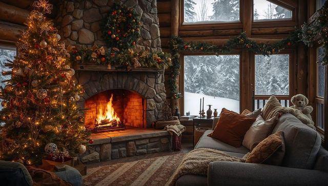 Cozy mountain cabin living room with festive christmas tree, stone fireplace, snowy window view