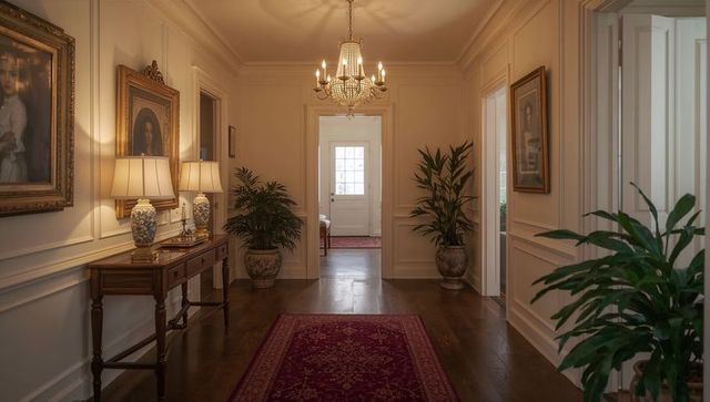 Elegant traditional foyer featuring crystal chandelier, console table and red runner