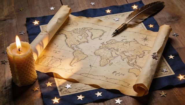 Resting antique world map on aged parchment with feather quill and beeswax candlelight