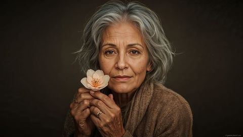 Serene elderly old people holding peach blossom