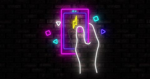 Neon Smartphone with Retro Gaming Finger Icon Design