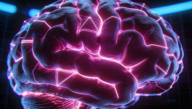 Glowing 3D Brain Model with Neon Pink Neural Network and Cyberpunk Lighting