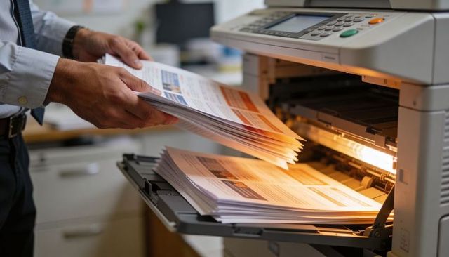 Office worker organizing and pulling full-color flyers from copier, sorting business brochures