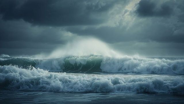 Dramatic ocean wave crashing beneath stormy skies