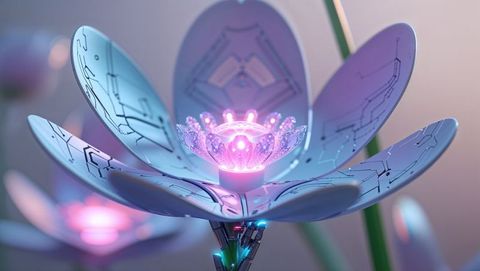Futuristic Metallic Flower with Circuitry Petals and Glowing Core