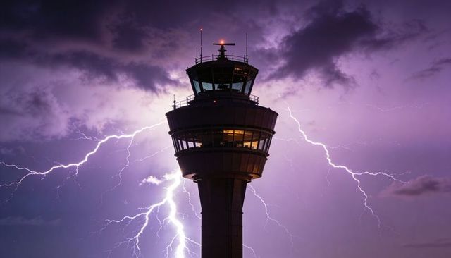 Airport control tower glowing amid dramatic purple lightning storm, silhouette skyline