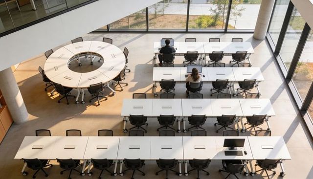 Modern training room with circular collaboration table and rows of sunny workstations