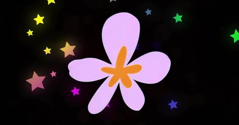 Glowing lavender five-petal flower with orange star center and neon stars on cosmic black