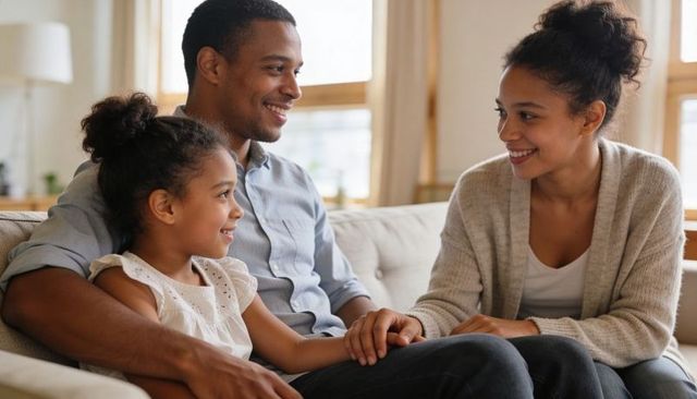 Smiling family bonding on cozy sofa at home, parents holding daughter's hand, warm room