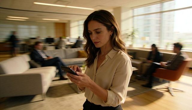 Professional woman walking through modern office lounge checking smartphone