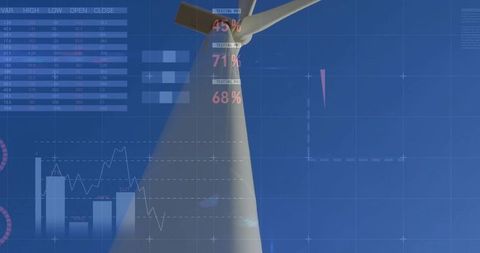 Displaying utility turbine tower and rotor blade at wind farm with analytics overlay
