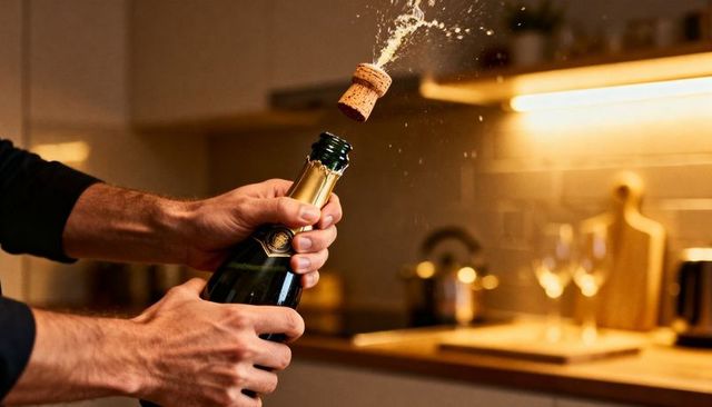Man uncorking champagne in warm kitchen, cork popping and sparkling toast moment