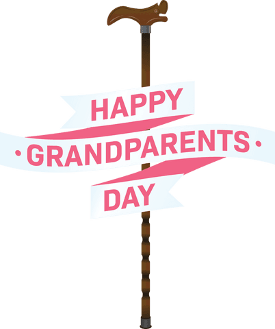 Happy grandparents day banner with walking cane on transparent background