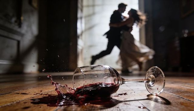 Tipped Wine Glass Spilling Red Wine on Wooden Floor While Couple Twirling in Backlight