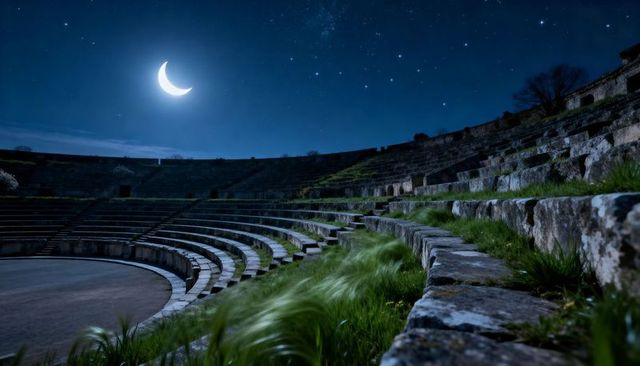 Moonlit ruined roman amphitheater with crescent moon and starry night