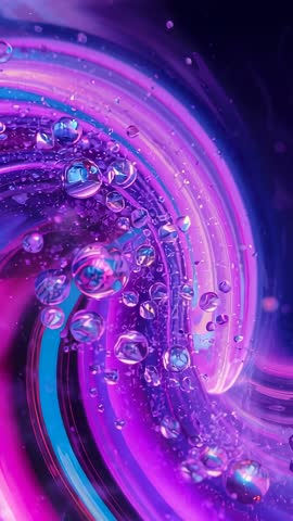 Vertical neon liquid band rotating with drifting droplets, glowing futuristic abstract loop