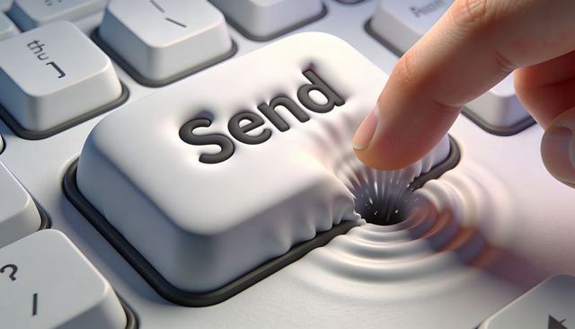 Fingertip pressing send key creating ripples and sinking effect on white keyboard