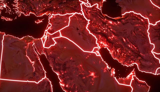 Neon-red night map showing middle east and northeast africa borders and urban lights