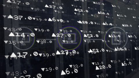 Digital Data Icons and Statistics in Server Room