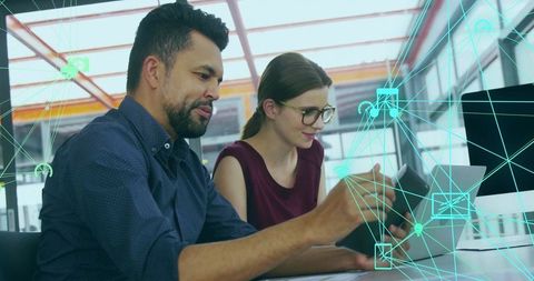 Global networked connections with diverse professionals on devices