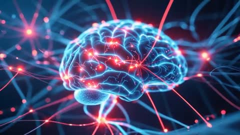 Digital Brain Model with Glowing Neural Connections in Virtual Space