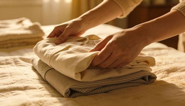 Folding hands arranging fresh shirt over stacked striped top on sunlit cozy bedroom bed