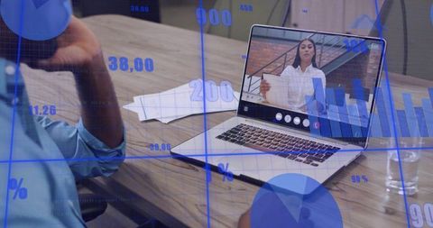 Remote meeting with presenter on laptop and analytics overlays for virtual collaboration