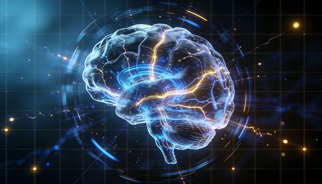 Rotating holographic brain displaying glowing neural pathways, hud rings in blue and gold