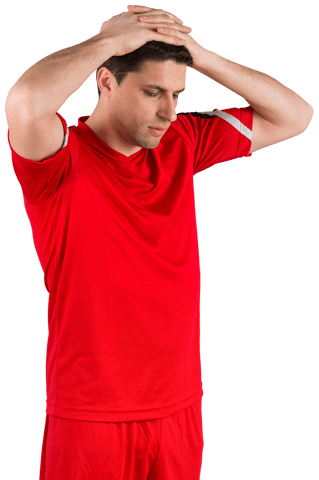 Disappointed football player in red uniform on transparent background